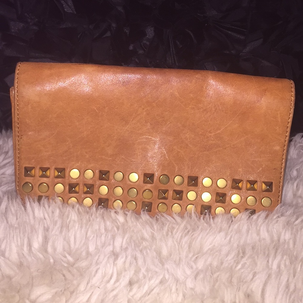 Rare gold studded tan leather Tory Burch clutch